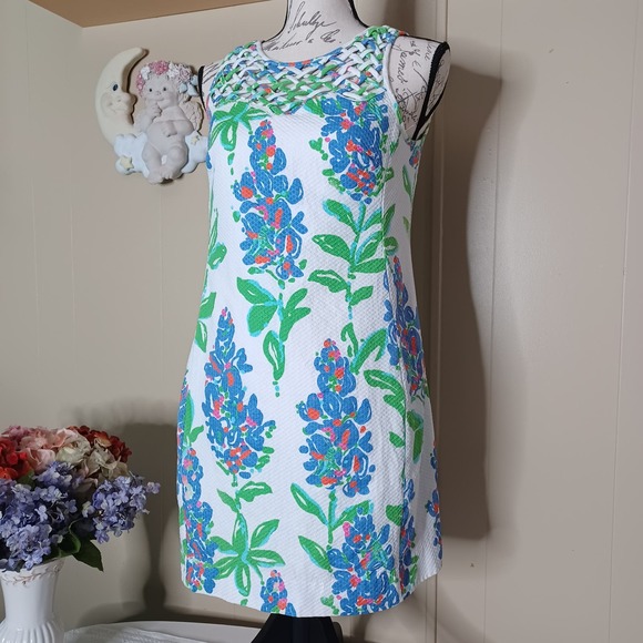 Lilly Pulitzer Dresses & Skirts - Lilly Pulitzer Ricci Shift Dress Fresh Cut Blue Bonnets Lattice Front 4